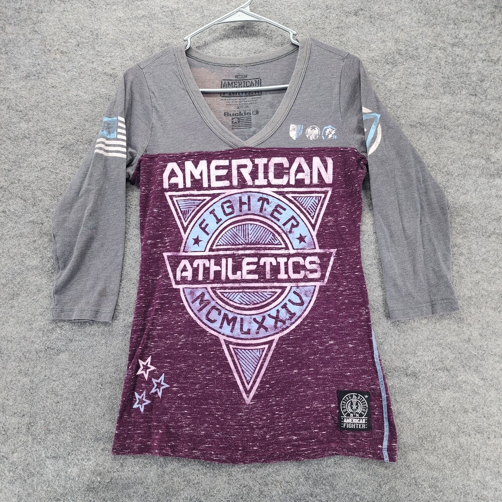 American Fighter Buckle Shirt Womens Medium 3/4 Sleeve Purple Gray